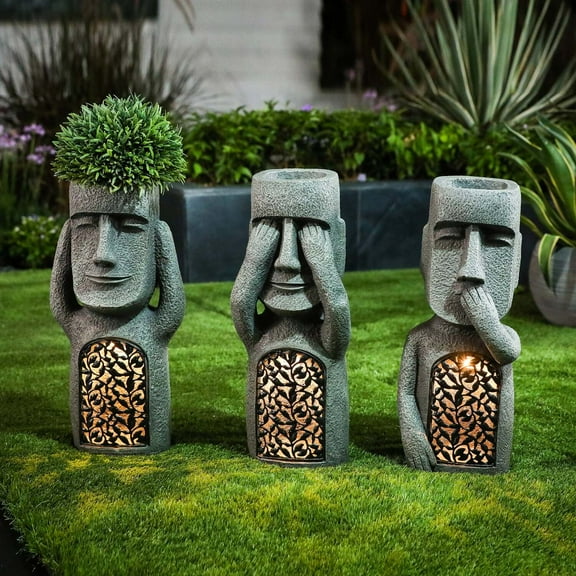 LuxenHome Gray MgO Set of 3 Garden Easter Island Solar Statues