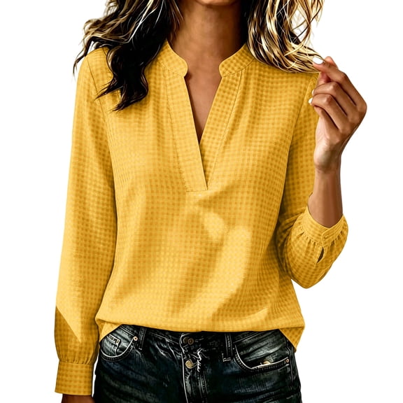 XuJwPNcy T Shirts for Women V Neck Fashion Plaid Tops Long Sleeve Dress Shirts Fall Business Casual Work Clothes Office Outfit