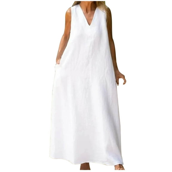 pimelu Dresses for Women Summer Dresses for Women Loose Breathable Cotton Linen Tank Long Dress with Pocket Summer Elegant Solid Sleeveless V-Neck Ladies Maxi Dresses