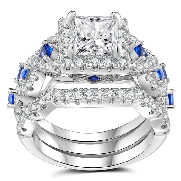 SFTING Wedding Rings Set for Women Princess Cut Engagement Rings Wedding Set Silver 18K Plated 5A CZ Sapphire Promise Size 7