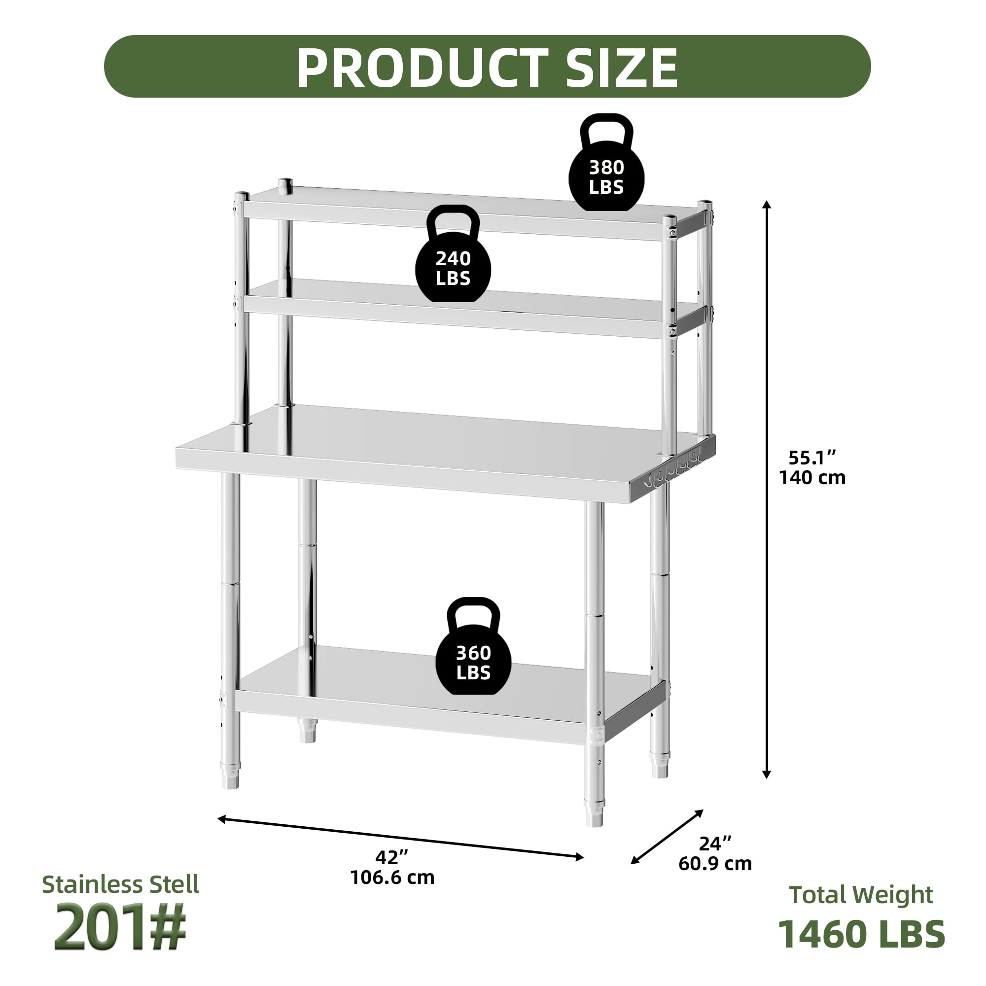 Uforic 42" x 24" Stainless Steel Prep Table with Adjustable Overshelf, Hooks, Heavy-Duty Metal Workbench for Commercial Kitchen Storage Shelves and Restaurants