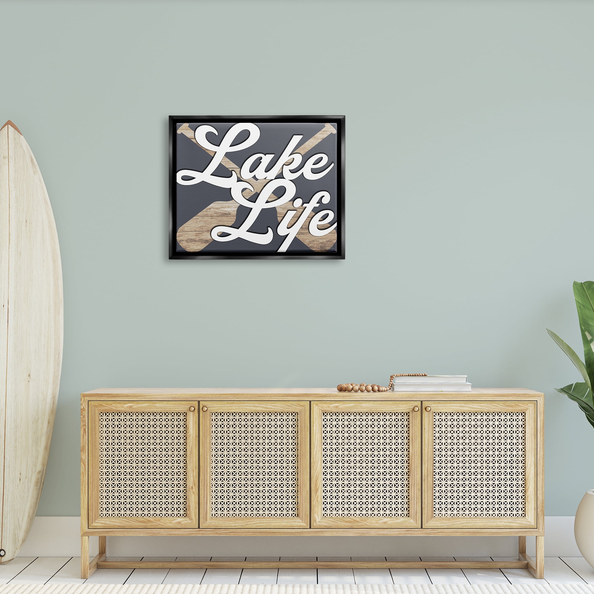 Stupell Lake Life Crossed Boating Oars Landscape Painting Black Floater Framed Art Print Wall Art