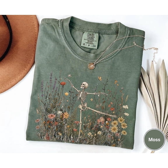 Skeleton Dancing Arabesque Wildflower T-Shirt | Cottagecore Botanical Floral Skeleton Graphic Tee in Moss Green | Nature Lover Women's Shirt