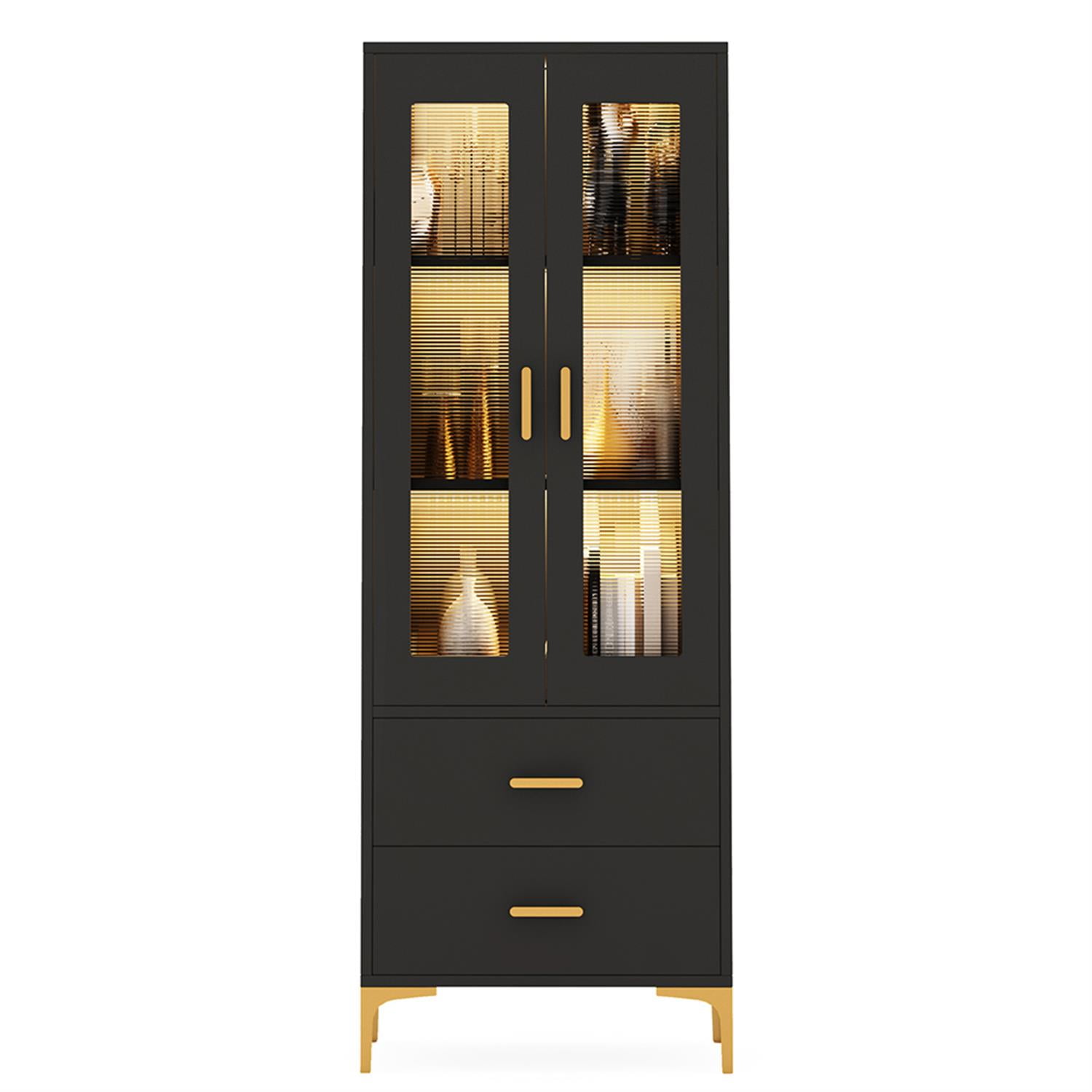 Demi Bonn Freestanding Bookcase Bookshelf with LED Light, Doors & 2 Drawers for Bedroom, Living Room, Black