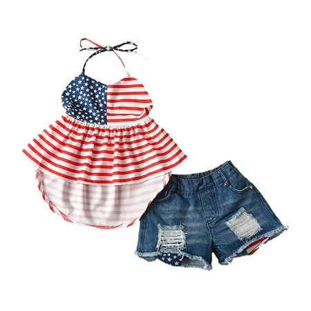 

Fesfesfes Summer Girls Independence Day Sling Top + Hot Pants Denim Shorts Two-piece Suit