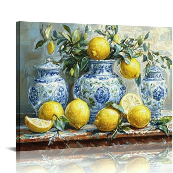 ZFLMY Lemon wall art kitchen picture vintage citrus fruit canvas print yellow lemon with earthenware blue classic painting rustic farmhouse décor 16x12in