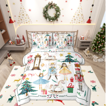 Manfei Cute Cartoon Princess 7pcs Bedding Comforter Set,Xmas Tree Gifts Queen Bedding Sets,Christmas Nutcraker Soldier Queen Sheet Sets For Teens,Ultra Soft Home Decor Reversible