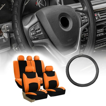 FH Group Light & Breeze Seat Covers Combo Set, Full Seat Set with Leather Steering Wheel Cover, Orange Black