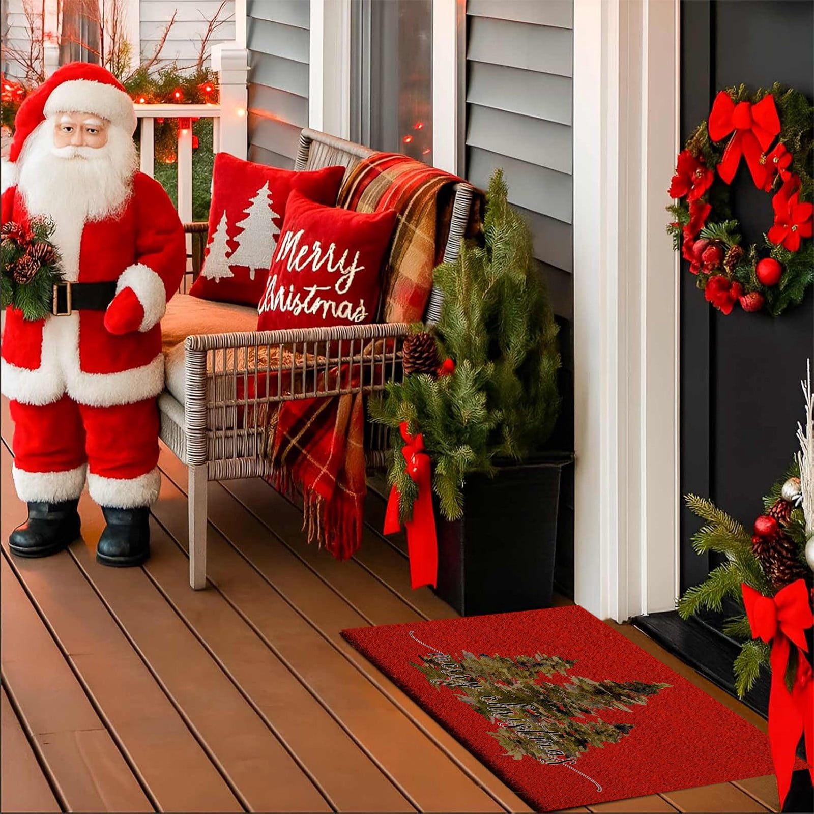 Christmas Welcome Natural Coir Door Mat, Forest Christmas Tree Front Door Outdoor Doormat Outside Entrance Porch Non Slip Rubber Rug Winter Xmas Farmhouse Decor 24*35in M-C