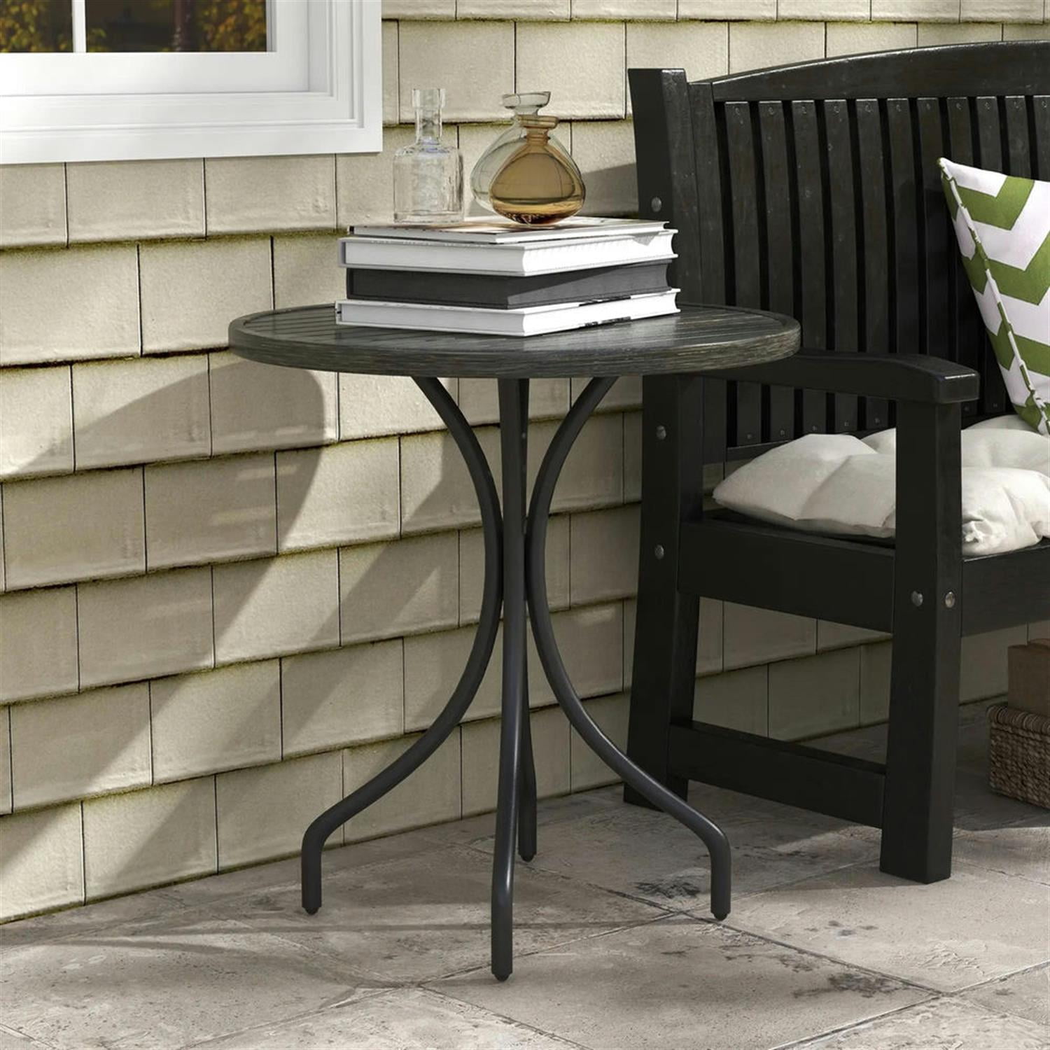 Demi Bonn 26" Round Outdoor Side Table, Steel Frame Slat Top, Garden Backyard for Outdoor Dining, Gray