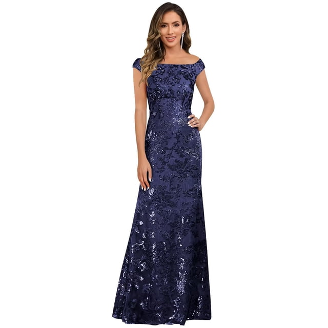 Vestido para madre del novio YXFDKZIB azul marino con lentejuelas y hombros descubiertos