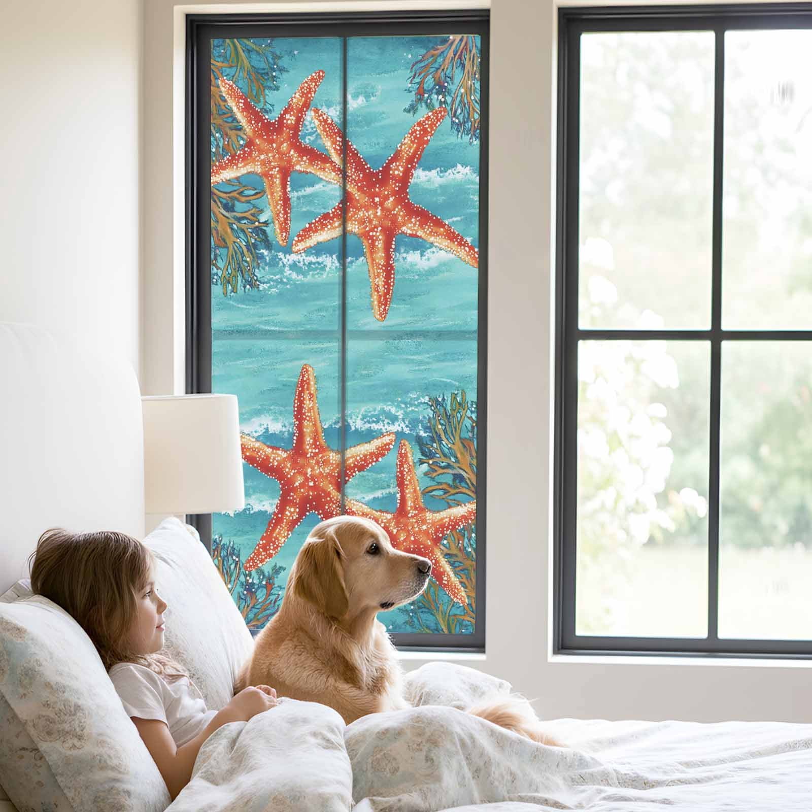 Orange Starfish Window Privacy Film, Seaweed Retro Frosted Glass Window Clings Static Cling UV Heat Blocking Reusable Door Sticker for Bathroom 23.6 x 59 Inch