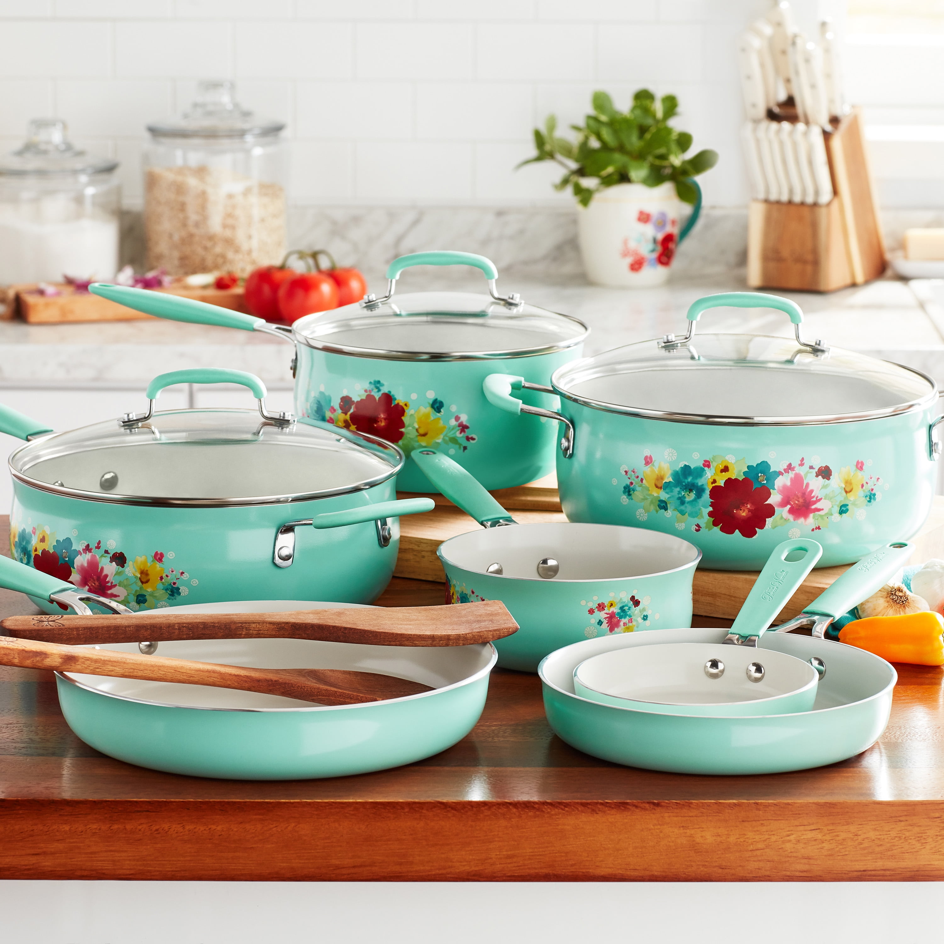 The Pioneer Woman Classic Ceramic Breezy Blossom Cookware Set, 25 Piece Set  