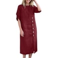thumbnail image 2 of Ynynloco Women's Spring Summer Short Sleeve Crew Neck Button-Down Shirt Dress Loose A-Line Midi Shift Tunic Dress, 2 of 9