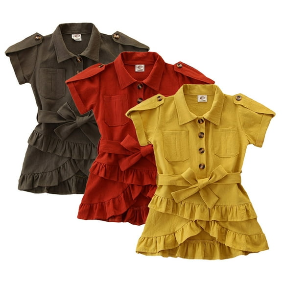 KYAIGUO Toddler Kids Girls Ruffled Shirt Dress Short Sleeve Tutu Skirt 1-6 Years Summer Solid Colour Girls Casual Dresses for Girls