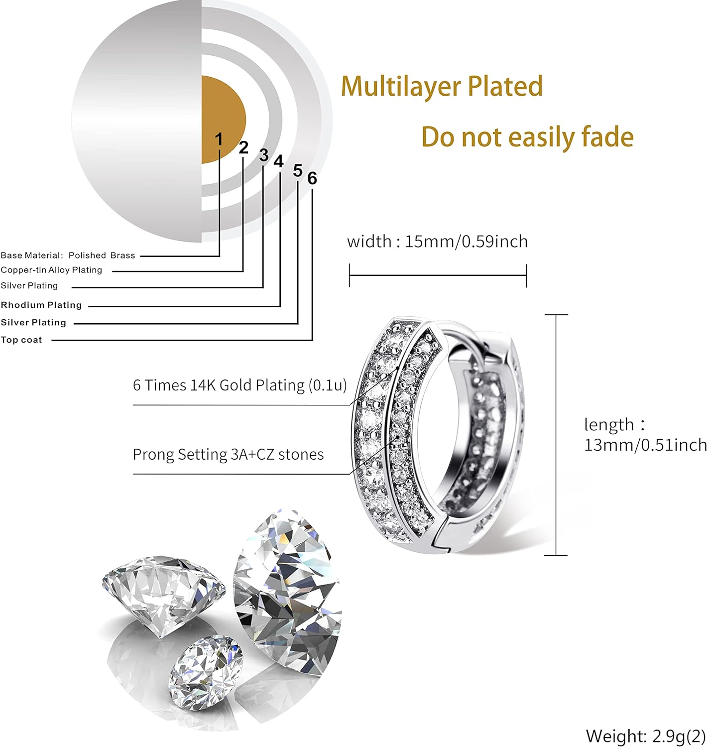 Leander Iced Out Hoop Earrings Cubic Zirconia Huggie Cartilage Cuff Hypoallergenic 14K Gold Plated Luxury Fashion Round Circle Earrings For Men Women