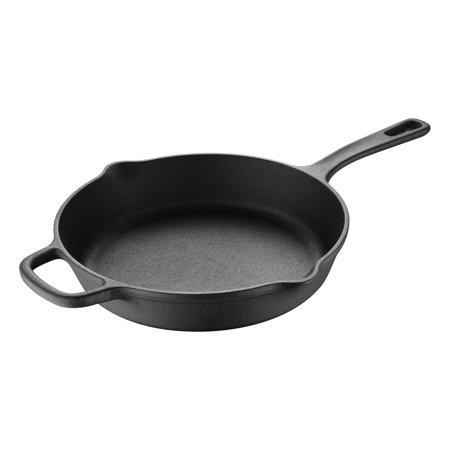 BBQ by MasterPRO - 12  Pre Seasoned Cast Iron Fry Pan with Helper Handle and Dual Pour Spouts  12 Inches  Black