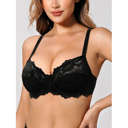 Deyllo Women s Push up Lace Bra Unlined Plus Size Wired Support Unpadded See-Though Bra  Black 32DDD