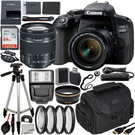 Canon EOS Rebel 800D (T7i) DSLR Camera w/ 18-55mm Lens, Essential Accessory Bundle – Includes: SanDisk Ultra 64GB SDXC Memory Card, Digital Slave Flash, Professional Camera Bag & More