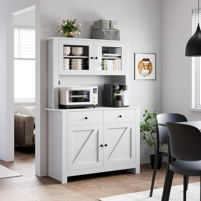 PIONEERWORKS Armoire de Garde-Manger de Cuisine 64 Pouces, avec Support pour Micro-Ondes, Armoire de Rangement avec Tablette Ajustable, Blanc