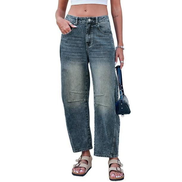 WILLBEST Jeans Mujer Pantalones Vaqueros de Tiro Medio para Mujer, de Pierna Ancha, Cortos, Cómodos, Elásticos, Holgados, Estilo Boyfriend Con Bolsillos, Ropa Informal Chica