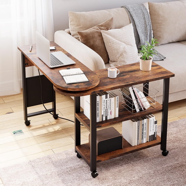 AKDSteel 360° Rotating Side Table With Charging Station, 2-Tier Shelves And 6 Lockable Wheels For Living Room Or Bedroom