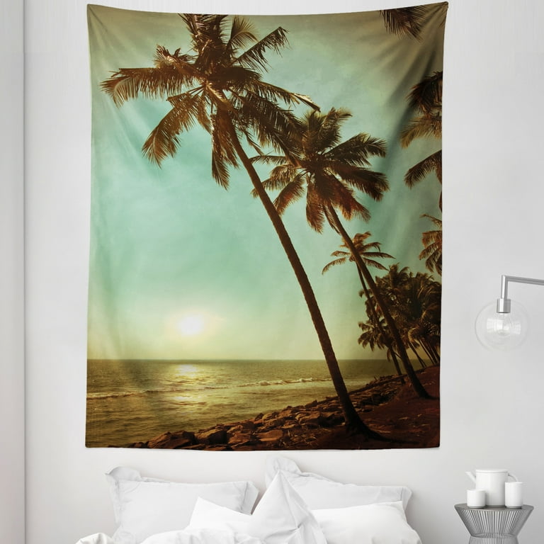 Tropical Tapestry Sunset Tropical Beach Dusk on Pacific Ocean Vintage Exotic Trees Landscape Print Fabric Wall Hanging Decor for Bedroom Living Room