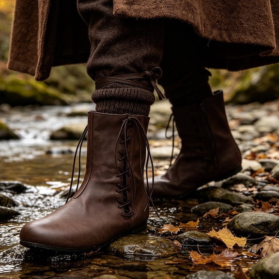 EliteGoogv Unisex Mid Calf Boots Lace Up Round Toe Flat Short Boots For Men Women Casual Walking Shoes Brown US:12