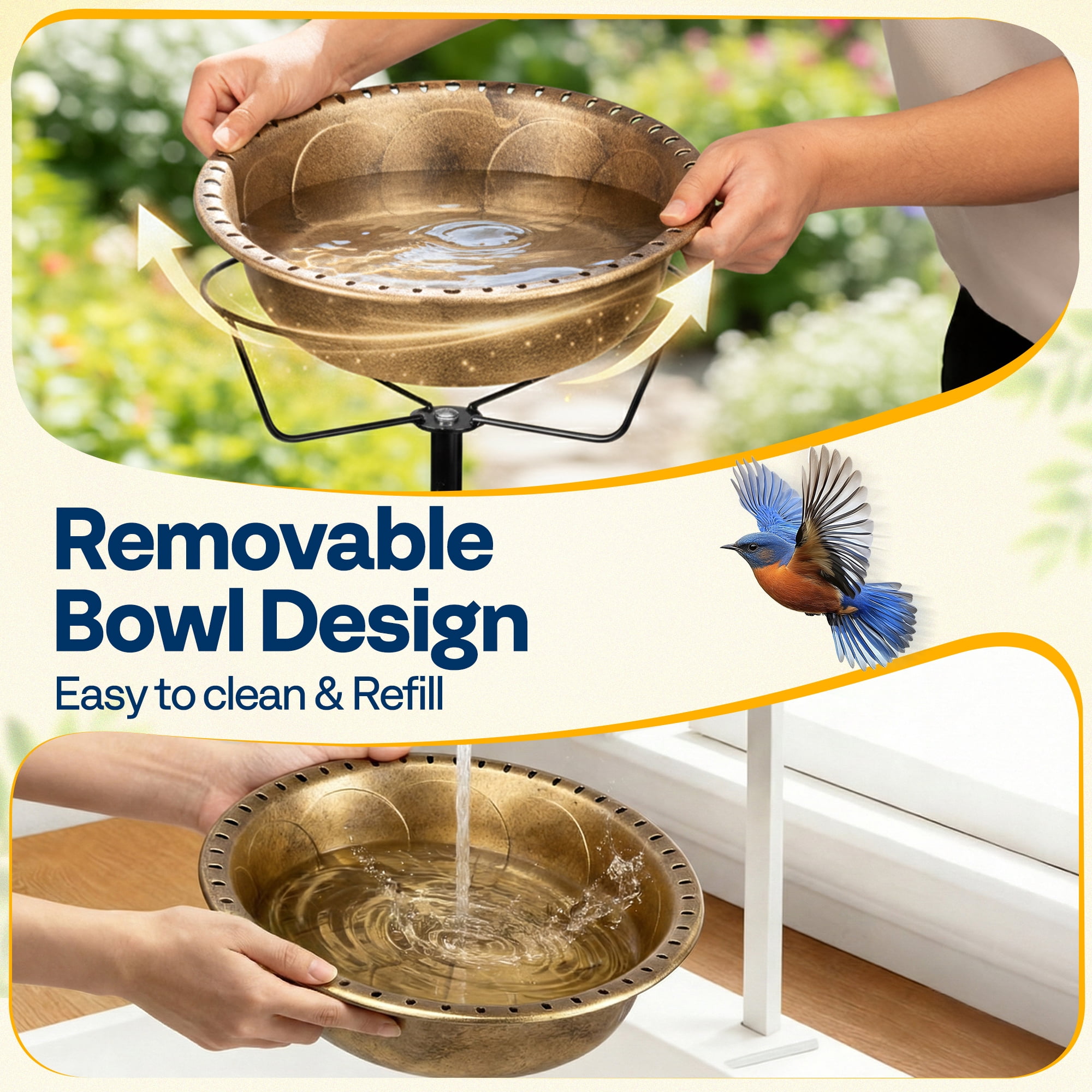 SPECSTAR Bird Bath for Outside, Outdoor 13'' Birdbath Bowl with Metal Ground Stake, Weather-Resistant ABS Bird Bath and Feeder for Garden, 1.45 Gallons, Copper