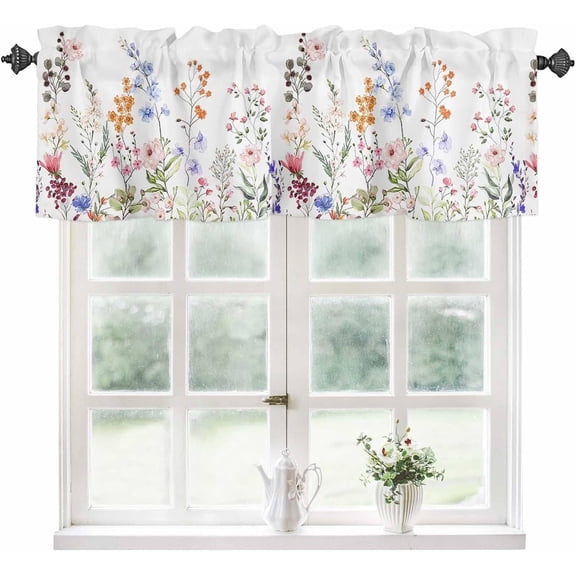 Kitchen Curtains Valances, Flower Leaves Spring Colorful Floral Summer Farm Short Rod Pocket Valances for Windows for Bedroom, Bathroom, 1 Panel, 54" W x 18" L