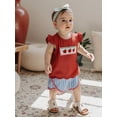thumbnail image 3 of BemeyourBBs Toddler Baby Girls Summer Clothes Kids Baby Girl Back to School Pre Kindergarten Outfits Apple Embroidered Flying Sleeve T Shirt Tops Ruffled Striped Shorts Set, 3 of 9