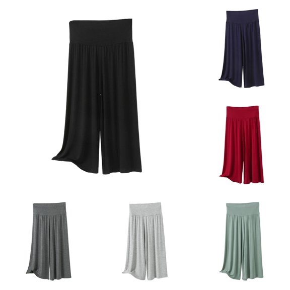 Yuhangmm Women's Pants, High Waist Casual Capris Stretchy Summer Shorts Soft Comfortable Elastic Waistband Lightweight Trousers Womens Flare Leggings Black XL