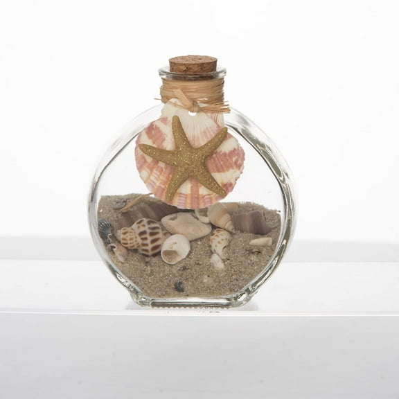 Beachcombers Glass Round Bottle with Sand and Gold Sea Star, 4.32-inch Height