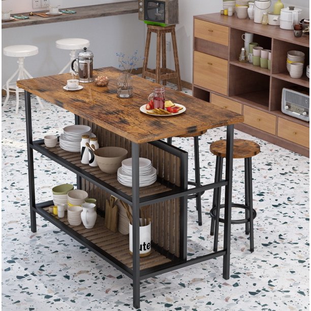 Stationary Kitchen Island and Stools Set, BTMWAT 3 Piece Wood 47in Kitchen Island Set With 2