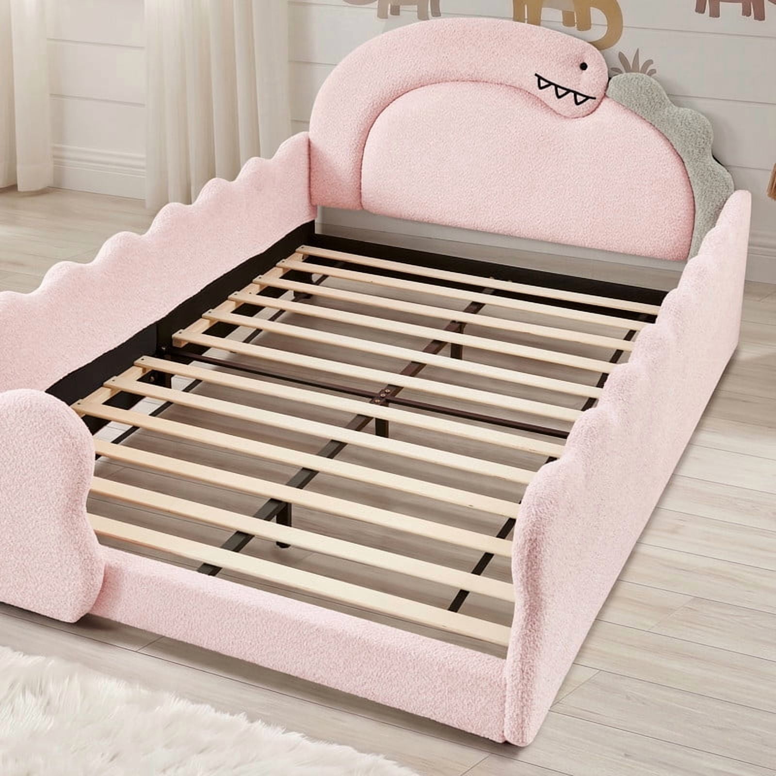 Full Size Kids Dinosaur-Shaped Platform Bed with Guardrails, Low-Profile Upholstered Boucle Fabric Playful Child Daybed Frame