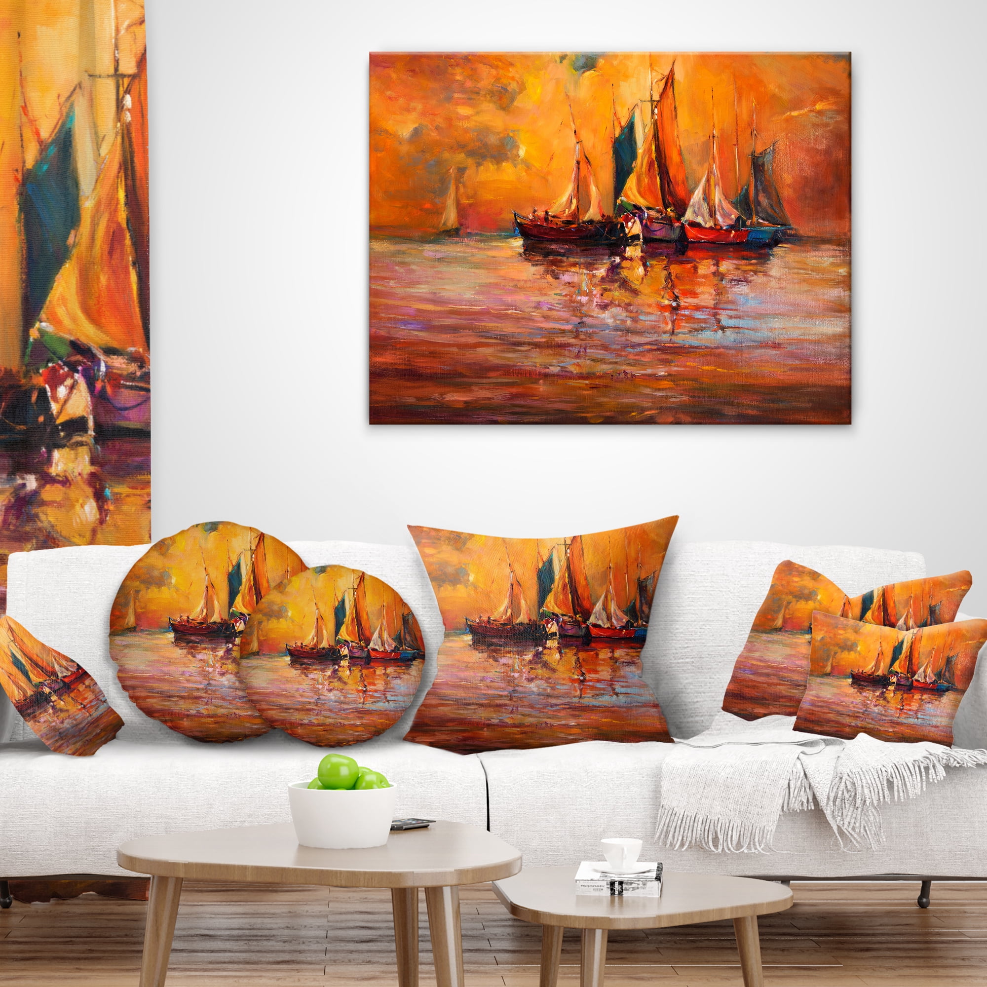 Designart Boats and Ocean in Red - Seascape Throw Pillow - 12x20