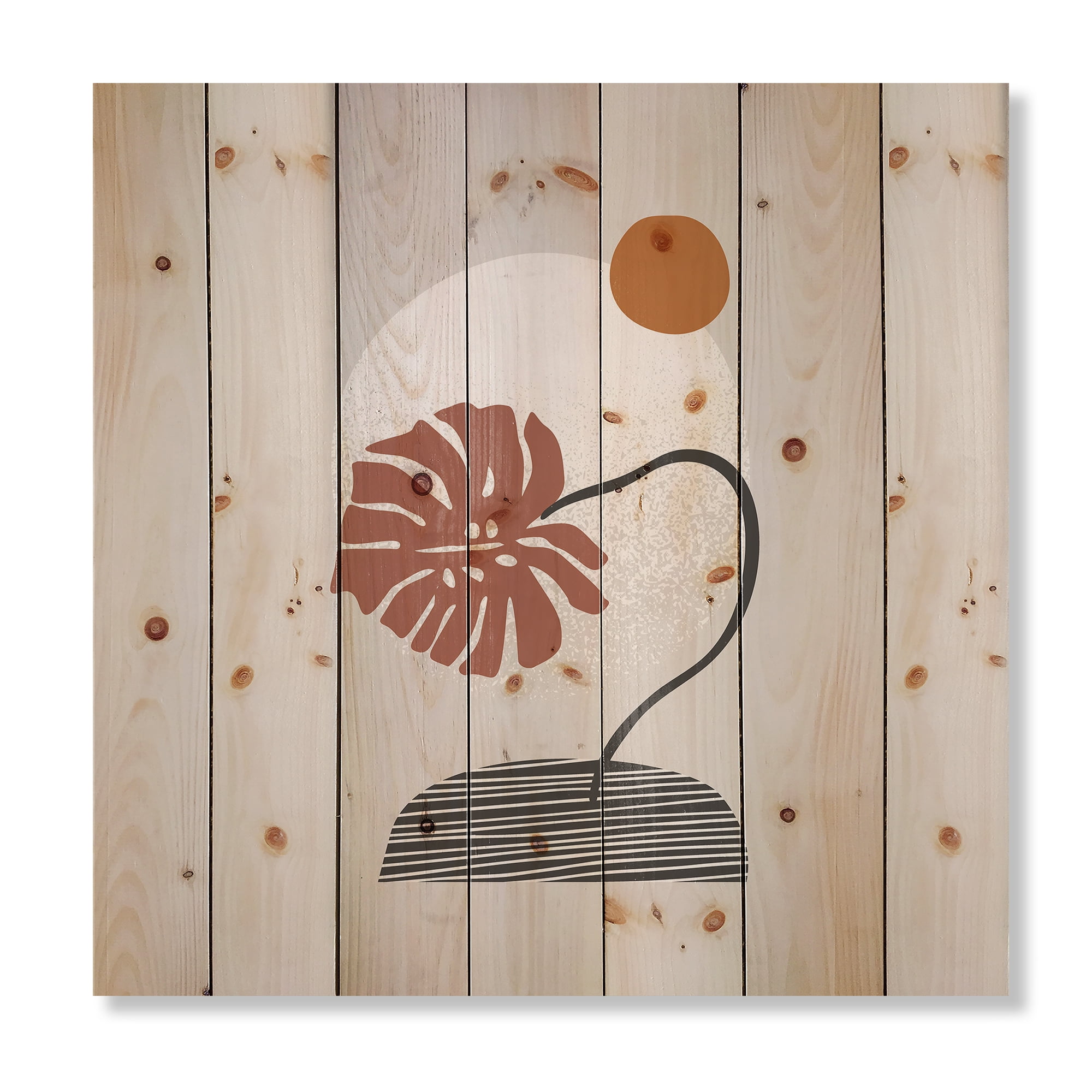 Designart 'Abstract Geometry Shapes and Tropical Palm Leaf III' Modern Print on Natural Pine Wood