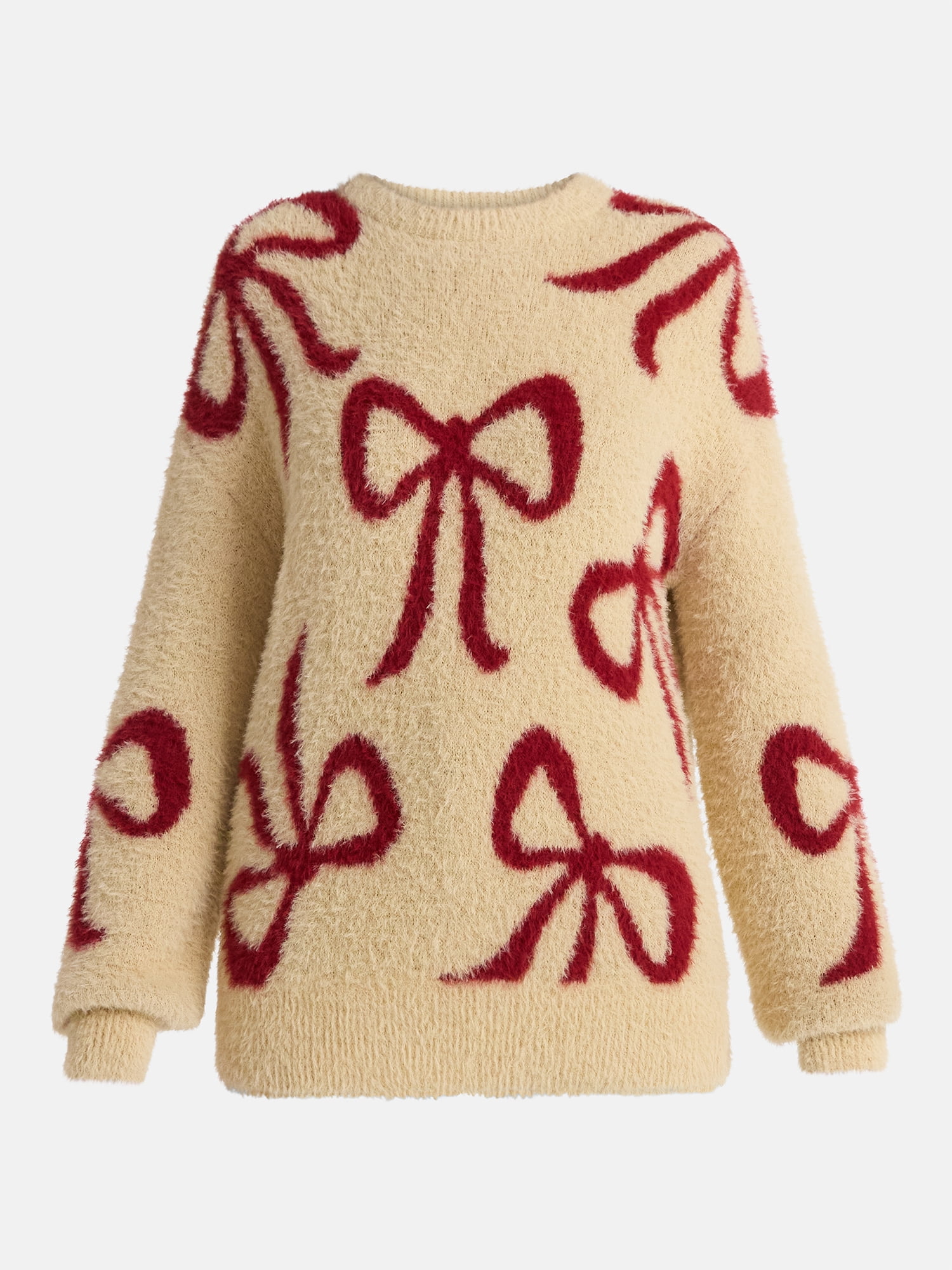 99 Jane Street Women's and Women's Plus Bow Print Pullover Sweater, Midweight, Sizes XS-4X