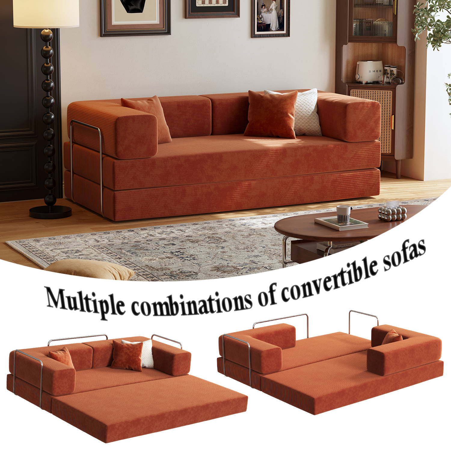 Lodeija 80.3" 5-in-1 Convertible Futon Sofa Bed, Green Corduroy Tatami Sleeper Couch for Small Spaces, 2 Pillows