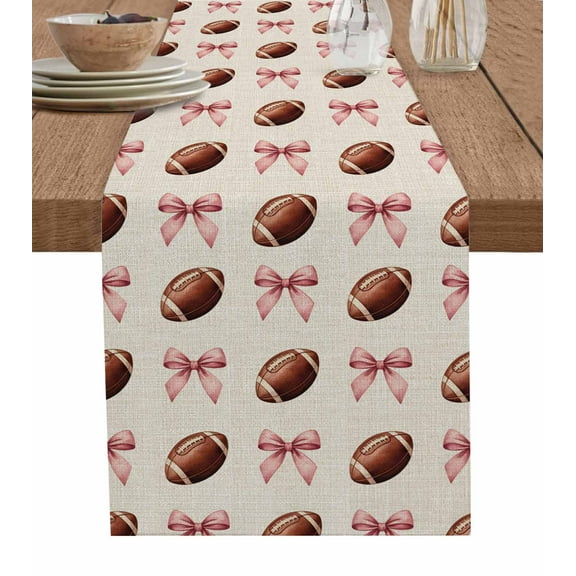 ERUNPONLY Pink Bow Football Table Runner - 90 Inch Long Modern Game Balls Retro Burlap Cotton and Linen Blended Dress Scarves Farmhouse Table Runner for Kitchen Dining, Coffee Table, 13"x90"