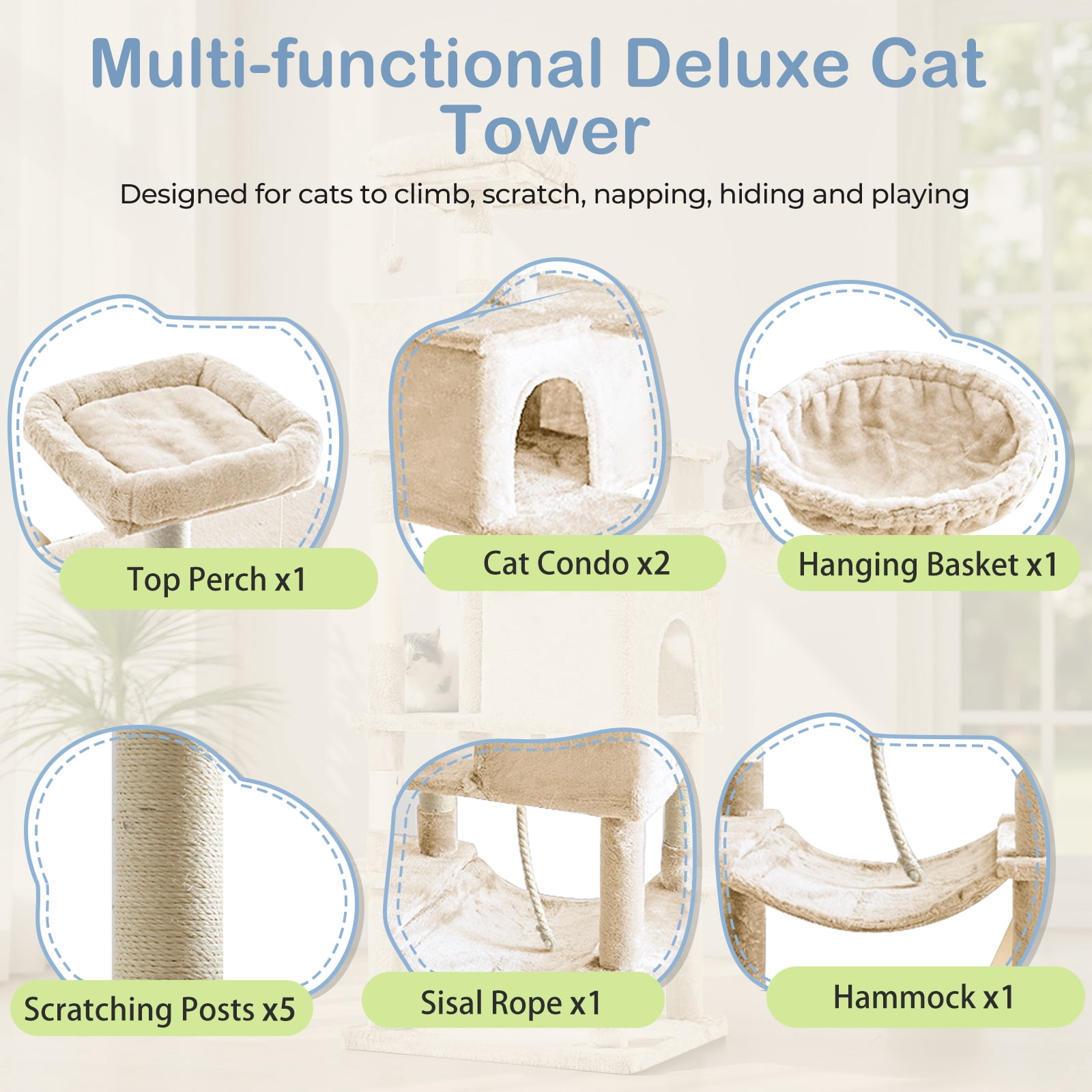 66" Multi-Level Cat Tree Tower with Sisal Scratching Post, Indoor Cat Climbing Tower with Ladder & Plush Toys for Rest & Play
