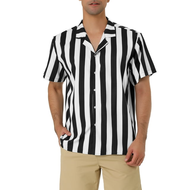 Camisa hawaiana de botones de manga corta a rayas INSPIRE CHIC para hombres L negro blanco