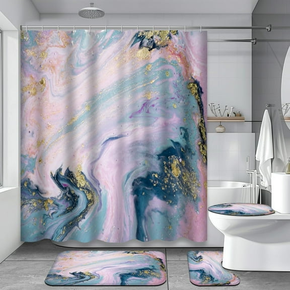 4 Pcs Rose Gold Foil Shower Curtain Sets with Rugs for Bathroom Decor,Marble Bathroom Shower Curtain Sets,Pale Pink Blue Bathroom Sets with Shower Curtain and Rugs