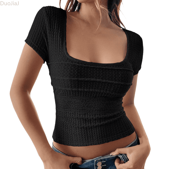 Duojiaj Casual Women's T Shirts Short Sleeve Slim Fit With Tie Back Design Perfect For Everyday Wear Basic Tees Women's T-Shirts