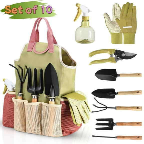 Kabuer Gardening Hand Tools Set of 10 with Fashion Handbag - Durable Gardening Supplies Kit Ideal Gardening Gifts for Women