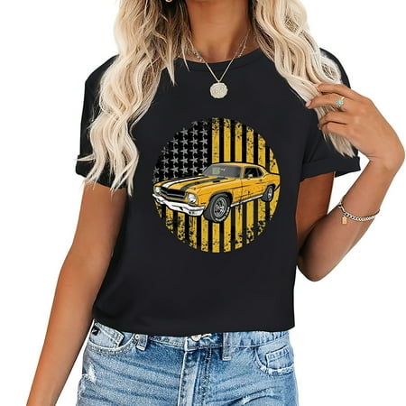 Womens Muscle Car Lover American Flag 4th of July Independence Birthday Gift T Shirt Black XL
