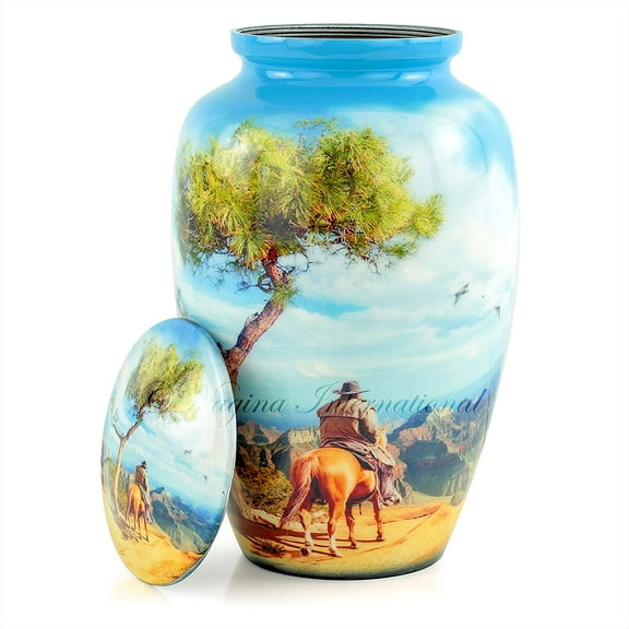 10" Large Metal Classic Cremation Beautiful Printed Urns | Cremation Ash Remains Storage Funerary Urns | Adult Human & Pet Loss Urns (Western Cowboy Blue)