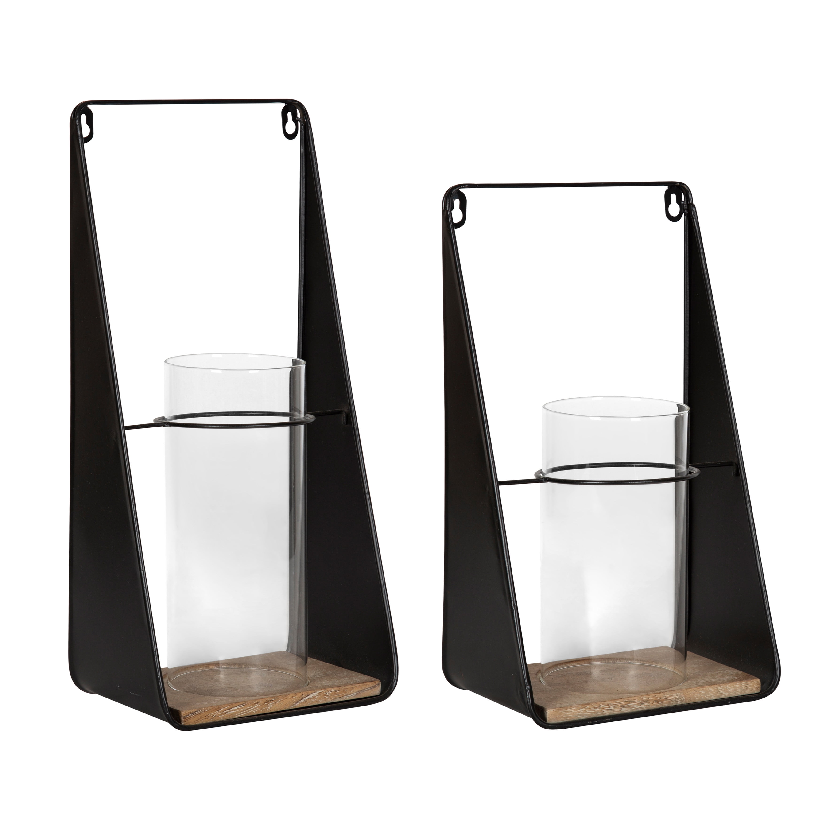 Black and Natural Wood Wall Sconce Set with Glass Chimney