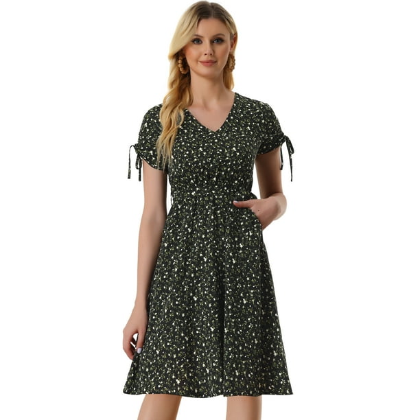 Vestido floral acampanado con cuello en V y puños con cinturón para mujer Allegra K Negro S