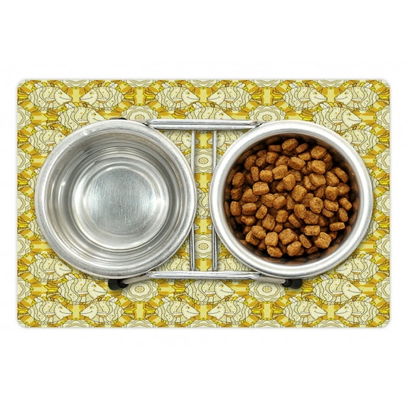 Yellow and White Pet Mat for Food and Water, Aquarium Fishes with Stripes on Floral Composition Background, Non-Slip Rubber Mat for Dogs and Cats, 18" X 12", by Ambesonne